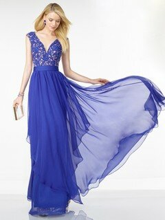 Different Open Back V-neck Chiffon Appliques Lace Royal Blue Prom Dresses #DS020100963