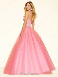 Pink Scoop Neck Open Back Tulle Beading Ball Gown Prom Dress #DS020100976