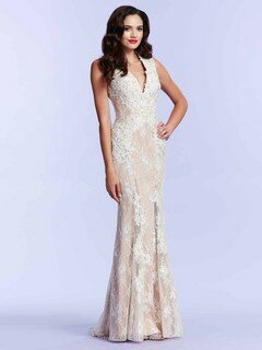 Trumpet/Mermaid Open Back Champagne Lace Appliques Lace Sweep Train Prom Dresses #DS020100794