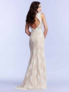 Trumpet/Mermaid Open Back Champagne Lace Appliques Lace Sweep Train Prom Dresses #DS020100794