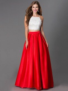 Square Neckline Satin with Appliques Lace Open Back Red Two Piece Prom Dresses #DS020100821