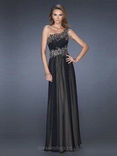 One Shoulder Chiffon Appliques Lace Floor-length Famous Black Evening Dress #DS02023499