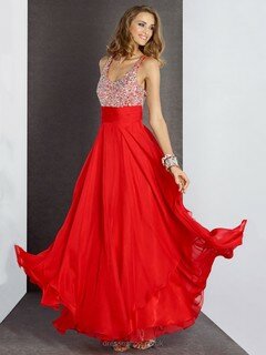 Floor-length Red Chiffon Crystal Detailing Square Neckline Backless Prom Dress #DS020100889