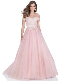 Different Off-the-shoulder Tulle Appliques Lace Princess Pink Prom Dresses #DS020100904