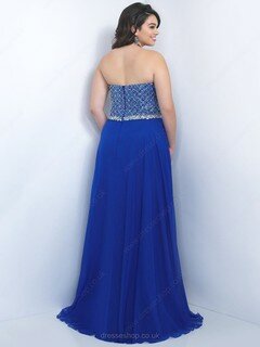 Sweetheart Royal Blue Chiffon Beading Sweep Train Simple Prom Dresses #DS020100941