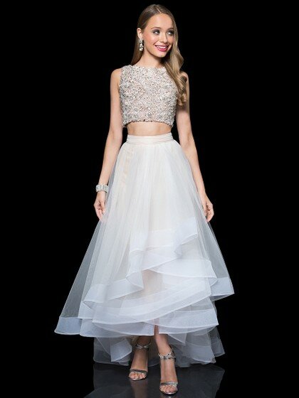 Ivory Scoop Neck Organza Beading Asymmetrical Two Piece Prom Dresses #DS020100947