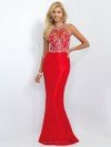 Expensive Trumpet/Mermaid Scoop Neck Lace Tulle Beading Red Prom Dresses #DS020100949