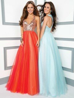 Newest V-neck Tulle Sequins Floor-length Light Sky Blue Prom Dresses #DS020100966