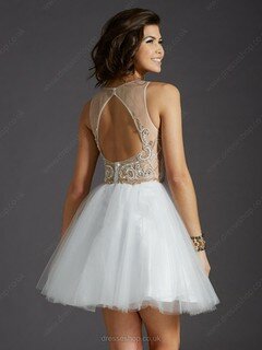 White Scoop Neck Tulle Beading Short/Mini Open Back Prom Dress #DS020100985