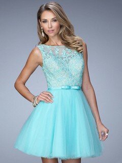 Scoop Neck Short/Mini Tulle Appliques Lace Blue Newest Prom Dress #DS020100991