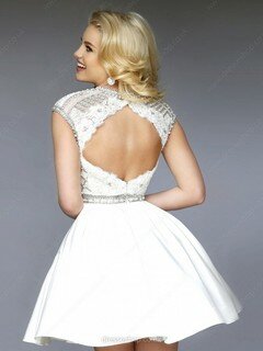 Online Scoop Neck Tulle Elastic Woven Satin Appliques Lace Short/Mini White Prom Dress #DS020100999