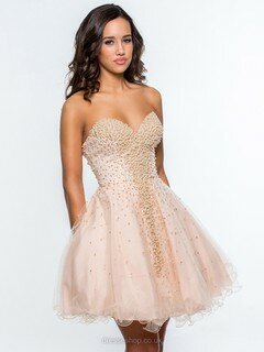 Cute Sweetheart Champagne Tulle Pearl Detailing Short/Mini Prom Dresses #DS020101003