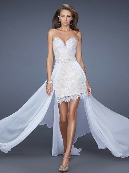 White Lace Chiffon Beading Sheath/Column Sweetheart Gorgeous Prom Dress #02042218