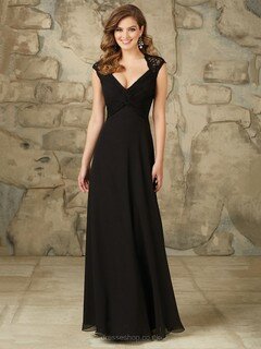 Black Lace Chiffon Ruffles Cap Straps V-neck Long Bridesmaid Dress #DS01012627