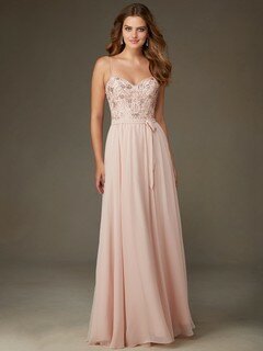 A-line V-neck Spaghetti Straps Chiffon Beading Pink Bridesmaid Dress #DS01012642