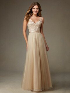 Floor-length Champagne Tulle Sashes / Ribbons Simple V-neck Bridesmaid Dress #DS01012664