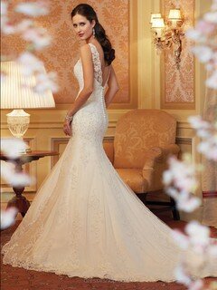 Trumpet/Mermaid Open Back Ivory Tulle Appliques Lace Scoop Neck Wedding Dresses #DS00022097