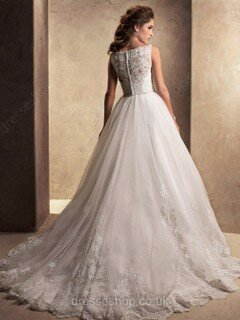 Modest Scoop Neck White Tulle with Appliques Lace Sweep Train Wedding Dress #DS00022098