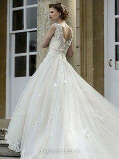 Princess Cap Straps Tulle Appliques Lace Ivory Scalloped Neck Wedding Dress #DS00022100