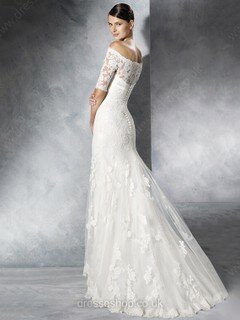 Off-the-shoulder 1/2 Sleeve Trumpet/Mermaid Tulle with Appliques Lace White Wedding Dress #DS00022119