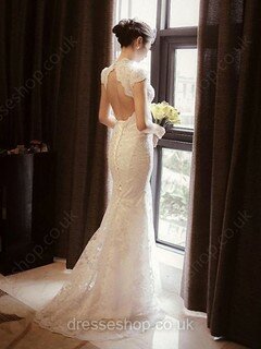 Trumpet/Mermaid Open Back Lace Appliques Lace High Neck Lace-up Wedding Dresses #DS00022132