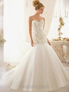 For Less Trumpet/Mermaid Tulle Beading Covered Button Sweetheart Wedding Dresses #DS00022146