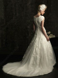 Gorgeous Short Sleeve Square Neckline Tulle with Appliques Lace Court Train Wedding Dress #DS00022153