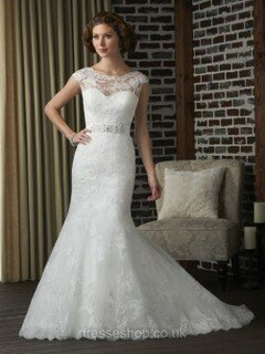 Scoop Neck Tulle Appliques Lace Court Train Open Back Wedding Dress #DS00022158