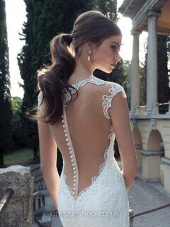 Trumpet/Mermaid White Lace Tulle Appliques Lace Floor-length Cap Straps Wedding Dress #DS00022159