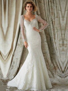 Long Sleeve V-neck Tulle Pearl Detailing Ivory Trumpet/Mermaid Wedding Dress #DS00022179