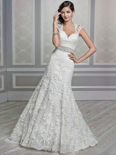 Sweetheart Lace Beading White Cap Straps Trumpet/Mermaid Wedding Dress #DS00022181