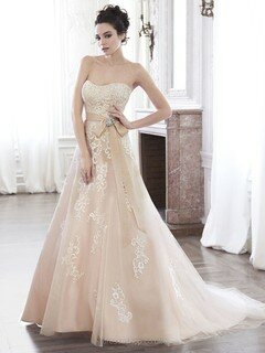 Strapless Appliques Lace Sweep Train Champagne Satin Tulle Elegant Wedding Dress #DS00022193