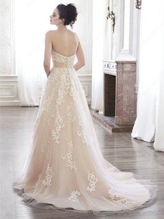 Strapless Appliques Lace Sweep Train Champagne Satin Tulle Elegant Wedding Dress #DS00022193