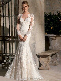 Trumpet/Mermaid Satin Tulle Appliques Lace Scoop Neck Long Sleeve Wedding Dress #DS00022202