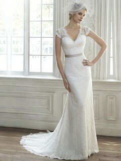 Modest Sheath/Column V-neck Sashes/ Ribbons White Lace Wedding Dresses #DS00022215
