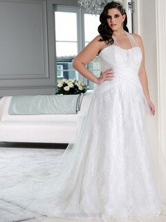 Top Tulle Appliques Lace Court Train White Halter Plus Size Wedding Dresses #DS00022228