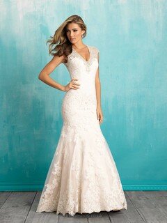 Ivory Trumpet/Mermaid V-neck Tulle Appliques Lace Popular Wedding Dresses #DS00022231