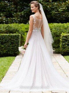 Scoop Neck White Tulle Appliques Lace Sweep Train Beautiful Wedding Dresses #DS00022233