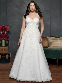 Ball Gown Satin Organza Appliques Lace Chapel Train Ivory Plus Size Wedding Dresses #DS00022241