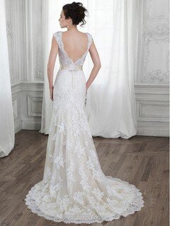 Trumpet/Mermaid V-neck Lace Tulle Elegant Champagne Open Back Wedding Dress #DS00022250