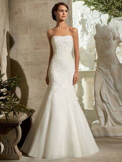 Organza Tulle Appliques Lace Perfect White Trumpet/Mermaid Strapless Wedding Dress #DS00022254