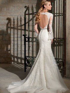 Trumpet/Mermaid V-neck Open Back Tulle Appliques Lace Long Sleeve Wedding Dress #DS00022261