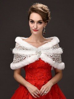 Faux Fur Off-the-Shoulder Sleeveless Shawl with Lace/Beading #DS03040026