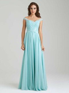 A-line Blue Chiffon Lace Sashes / Ribbons Scoop Neck Bridesmaid Dress #DS01012690