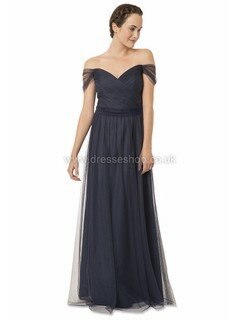 Off-the-shoulder Dark Navy Tulle Sashes / Ribbons Floor-length Boutique Bridesmaid Dresses #DS01012698