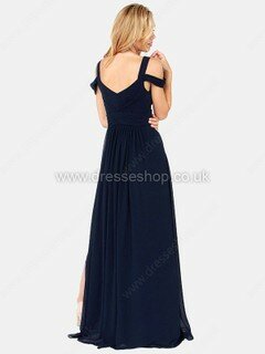 Dark Navy V-neck Chiffon Floor-length Fashion Split Front Bridesmaid Dress #DS01012713