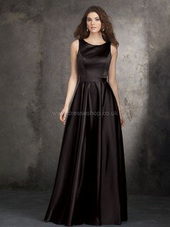 Newest Scoop Neck Satin Lace Ruffles Floor-length Black Bridesmaid Dress #DS01012716