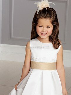 Princess Scoop Neck Sashes / Ribbons Lace-up White Satin Lace Flower Girl Dress #DS01031900