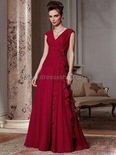 Cap Straps V-neck Perfect Chiffon Flower(s) Floor-length Mother of the Bride Dresses #DS01021630