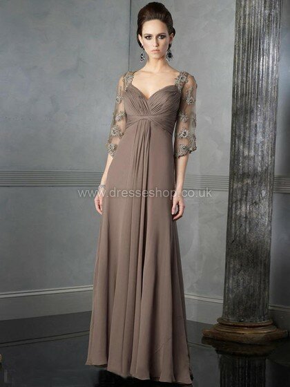 Empire Open Back Chiffon Tulle Appliques Lace V-neck 3/4 Sleeve Mother of the Bride Dresses #DS01021633